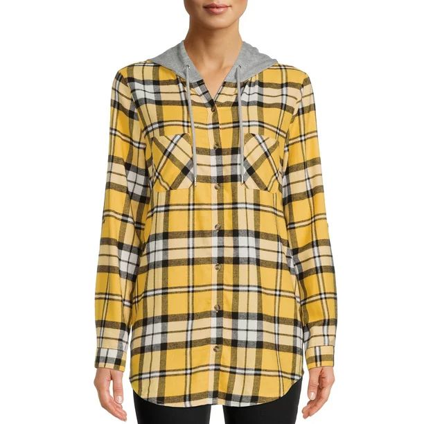 No Boundaries Juniors' Hooded Plaid Flannel Shirt - Walmart.com | Walmart (US)