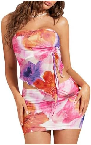 WDIRARA Women's 2 Piece Outfits Floral Print Drawstring Asymmetrical Tube Top and Bodycon Mini Sk... | Amazon (US)