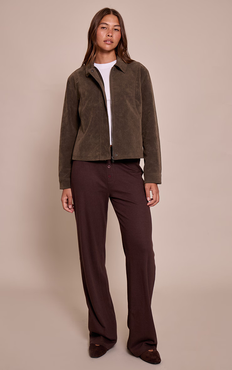 Khaki Faux Suede Concealed Placket Bomber Jacket | PrettyLittleThing UK