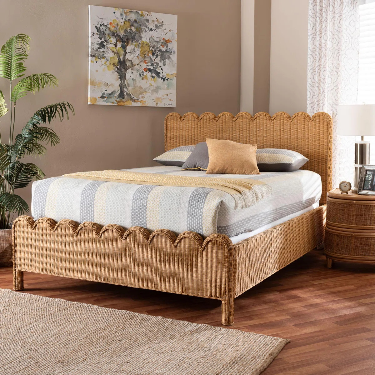 Bali & Pari Maritza Scalloped Natural Rattan Bed Frame - Handwoven Wicker Headboard And Footboard... | Wayfair North America