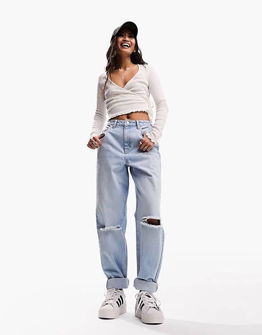 ASOS DESIGN relaxed mom jeans in light blue with knee rips | ASOS (Global)