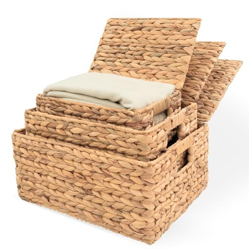 Wicker Storage Baskets with Lid, Basket With Lid Decorative Storage Rectangle 14"D X 11"W X 7"H Wicker Storage Basket With Lid Large Rattan Storage Box Hyacinth Baskets | Amazon (US)