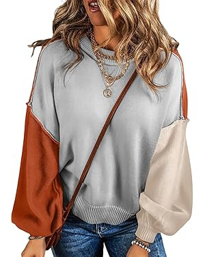 Dokotoo Women's Sweaters Colorblock Crewneck Cotton Long Sleeve Fall Winter Knit Pullover Jumper ... | Amazon (US)