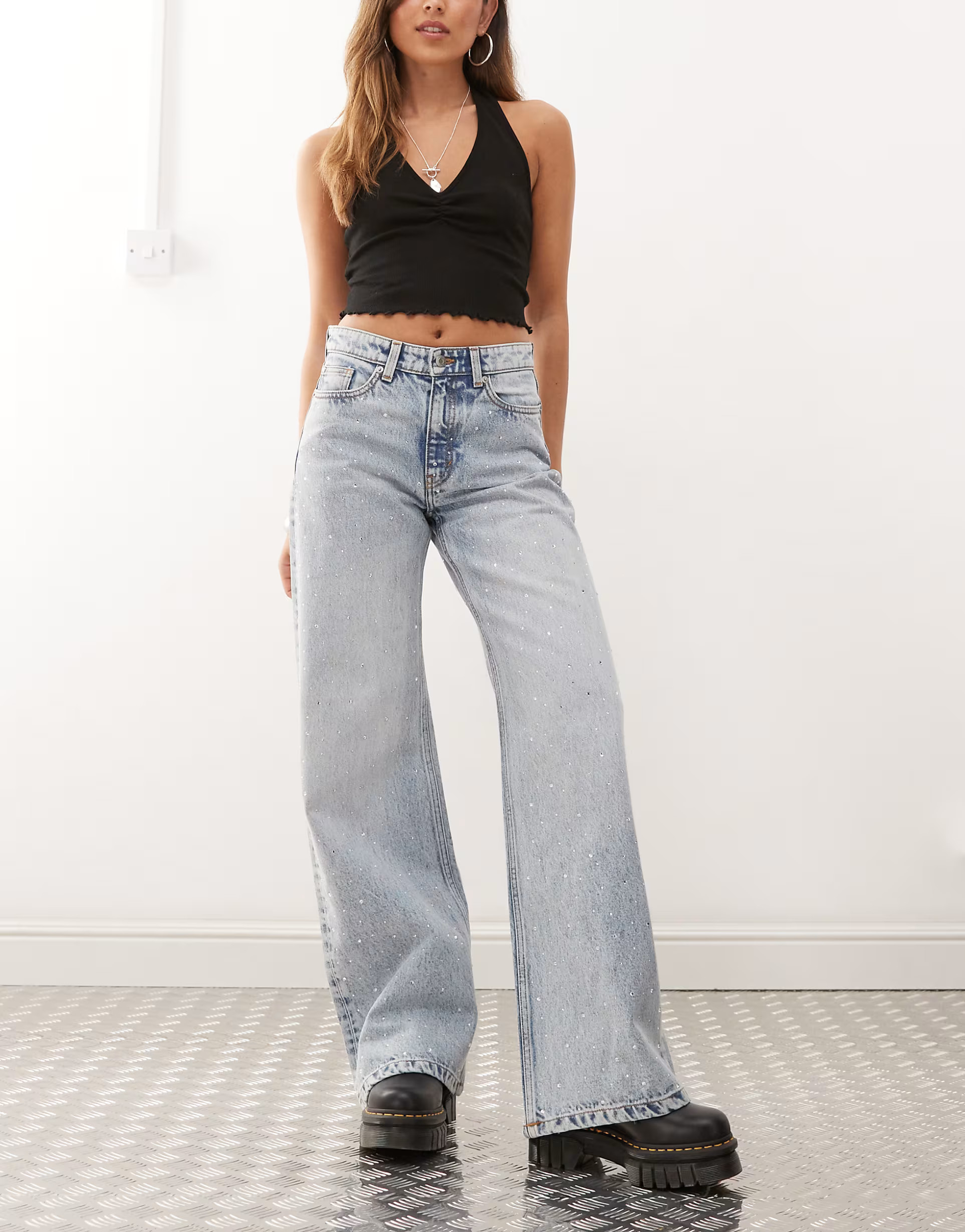 Monki Paz mid waist loose wide leg embellished jeans in light blue | ASOS (Global)