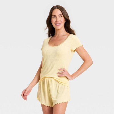 Women's Pointelle Short Sleeve Shirt and Shorts Pajama Set - Auden™ Yellow XL | Target