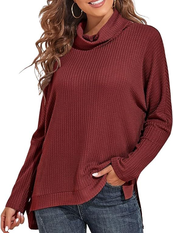 Dokuritu Women's Oversized Cowl Neck Waffle Knit Sweater Long Batwing Sleeve Top High Low Hem Pul... | Amazon (US)