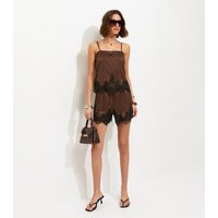 Women's Brown Satin Tie Lace Trim Shorts New Look | New Look (UK)