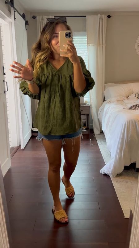 Love this crinkle material top, in size small, oversized fit. Shorts and sandals tts.

Amazon summer outfit, try on haul, mirror selfie, amazon haul, amazon try on, what I wore today, Florida mom outfit, vacation outfits, beach outfits 