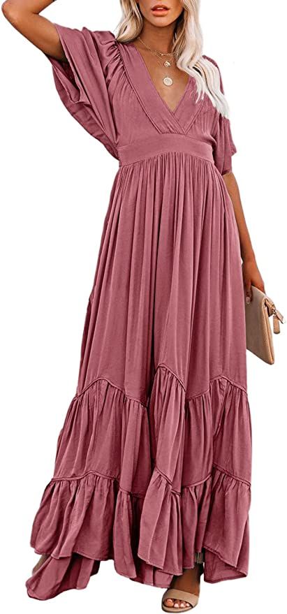 Meenew Women's Summer Long Flowy Dress Tiered Casual Loose Boho Maxi Dress | Amazon (US)