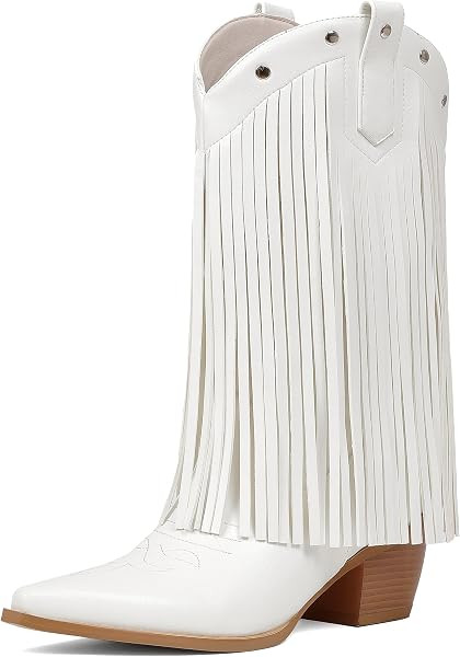 Women's Fringe Cowboy Boots Mid-Calf Ridding Cowgirl Boots Pull On Western Boots Fashion Style | Amazon (US)