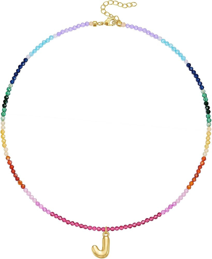 KissYan Beaded Initial Necklace, 14K Gold Plated Bubble Letter Pendant Rainbow Gemstone Choker Co... | Amazon (US)