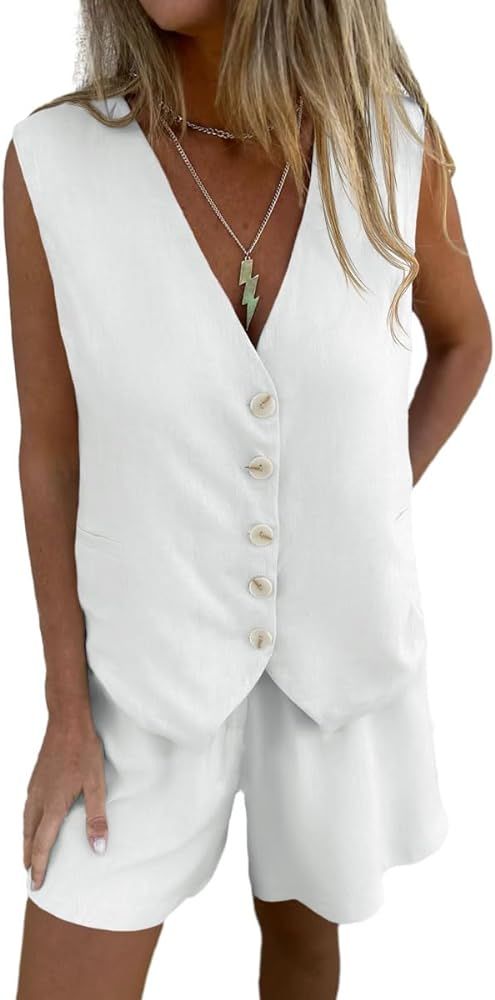 Amazon.com: Cicy Bell Womens Summer Blazer Vest 2 Piece Sets V Neck Sleeveless Button Down Waistc... | Amazon (US)