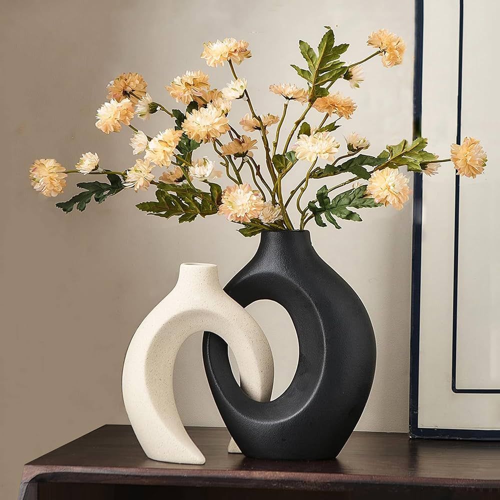 Black and White Ceramic Vase Set of 2 Modern Vase for Home Decor Round Hollow Vase Minimalist Dec... | Amazon (US)