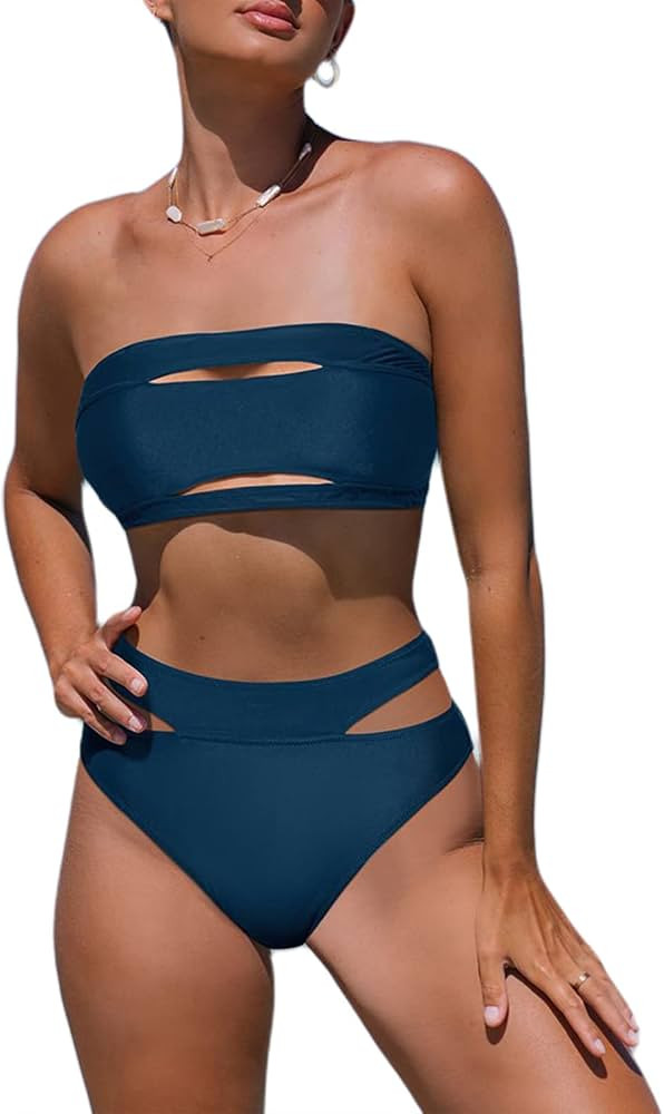 popvil Two Piece Bikini Sets for Women Strapless Cutout Bathing Suits High Waisted Swimsuit | Amazon (US)