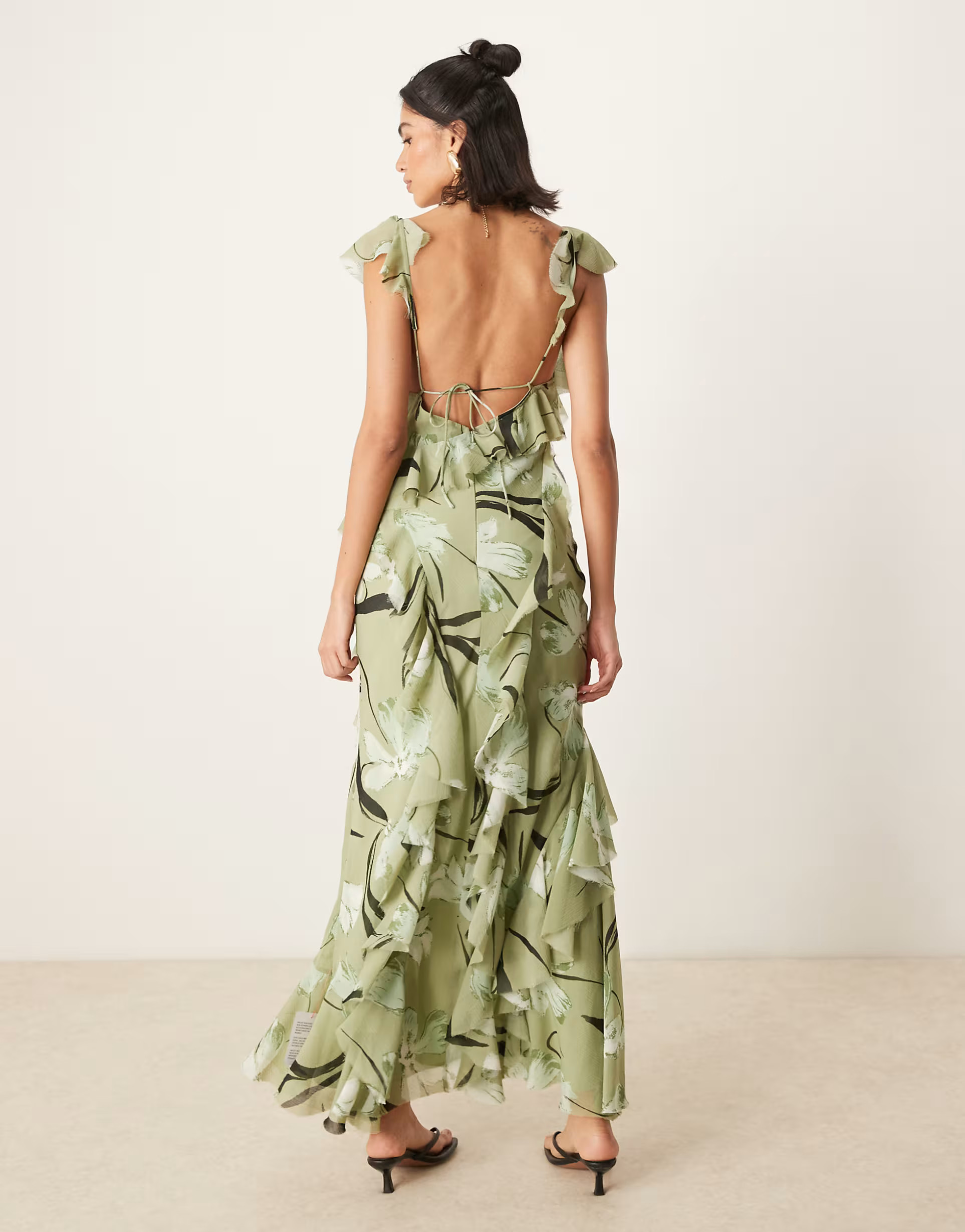 ASOS DESIGN ruffle bias maxi dress with open back in green floral print | ASOS (Global)