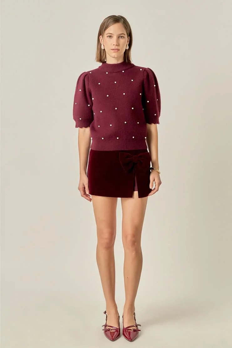 Brielle Velvet Bow Detail Mini Skort - Wine | Pippa & Pearl