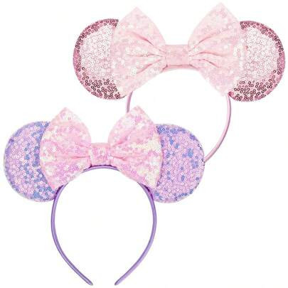 1Pc Cute Cartoon Minnie Mouse Ears,Sequin Mouse Ears Bow Headbands Headband For Women Men Party& Trip Purple And Pink | SHEIN
