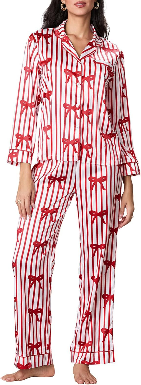 Plaid Christmas Pajamas Set Women Satin Long Sleeve Button Down Bowtie Shirt Pants Set 2 Piece Xm... | Amazon (US)