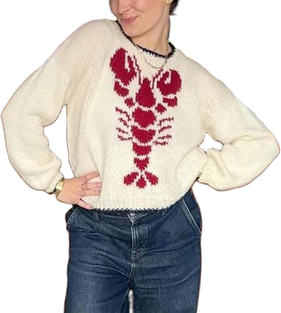 Knit Sweater Women Y2k Long Sleeve Graphic Pullover Top Teen Girl Contrast Trim Loose Knitwear Co... | Amazon (US)