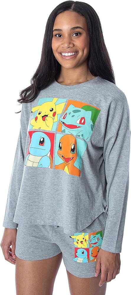 Pokemon Women's Starter Squares 2 Piece Loungewear Pajama Set LS Shirt Shorts | Amazon (US)
