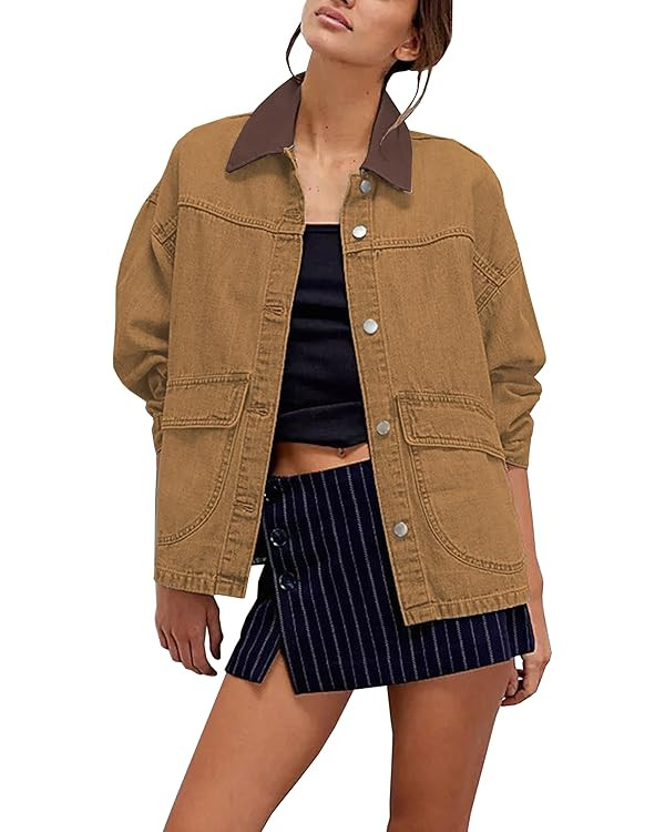 Lumister Women's Oversized Denim Jacket with Contrast Trim Long Sleeve Button Down Jean Coat with... | Amazon (US)