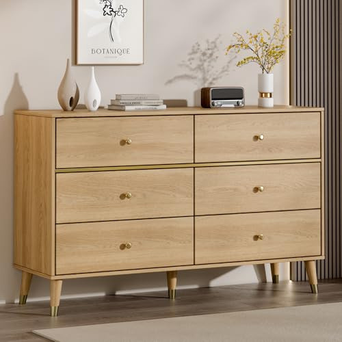 Chrangmay 6 Drawer Dresser,47" Wide Mid Century Chest of Drawers,Wooden Bedroom Drawer Dresser with 6 Storage Drawers for Bedroom,Living Room,with Anti-Tipping Device,Wood | Amazon (US)