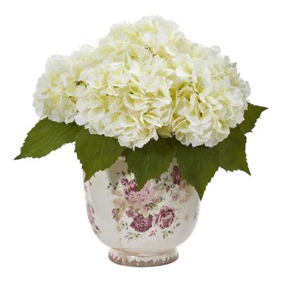 Giant Hydrangea Artificial Arrangement in Floral Printed Vase | Nearly Natural