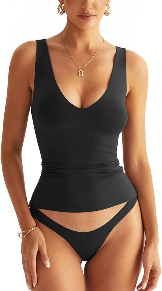 Womens V Neck Tank Tops Sleeveless Double Lined Basic Tops Slim Fit Summer Shirts 2025 | Amazon (US)