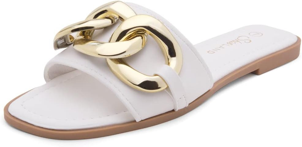 Shoe Land EMMA Women's Flat Sandals Square Open Toe Single Band Slides | Amazon (US)