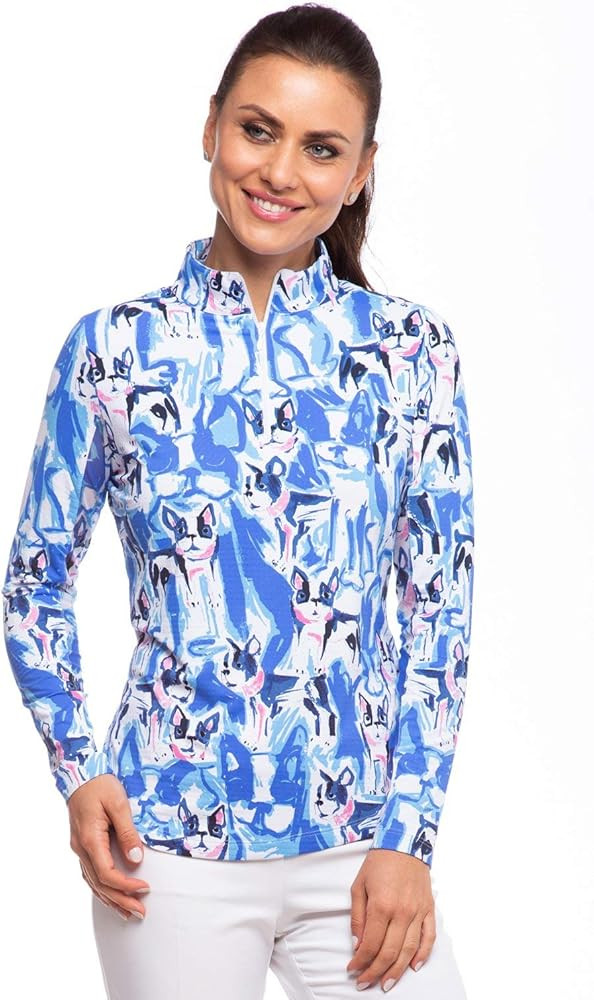 IBKUL Women's Sun Protective UPF 50+ Cooling French Print Long Sleeve Mock Neck - 10482 | Amazon (US)