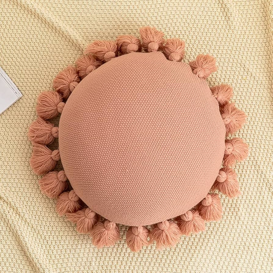 Boho Round Knitted Throw Pillow Pink Accent Pillow with Tassel Knit Woven Cushion Pillow Home Dec... | Amazon (US)