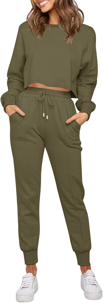 ZESICA Women's Long Sleeve Crop Top and Pants Pajama Sets 2 Piece Jogger Long Sleepwear Loungewea... | Amazon (US)