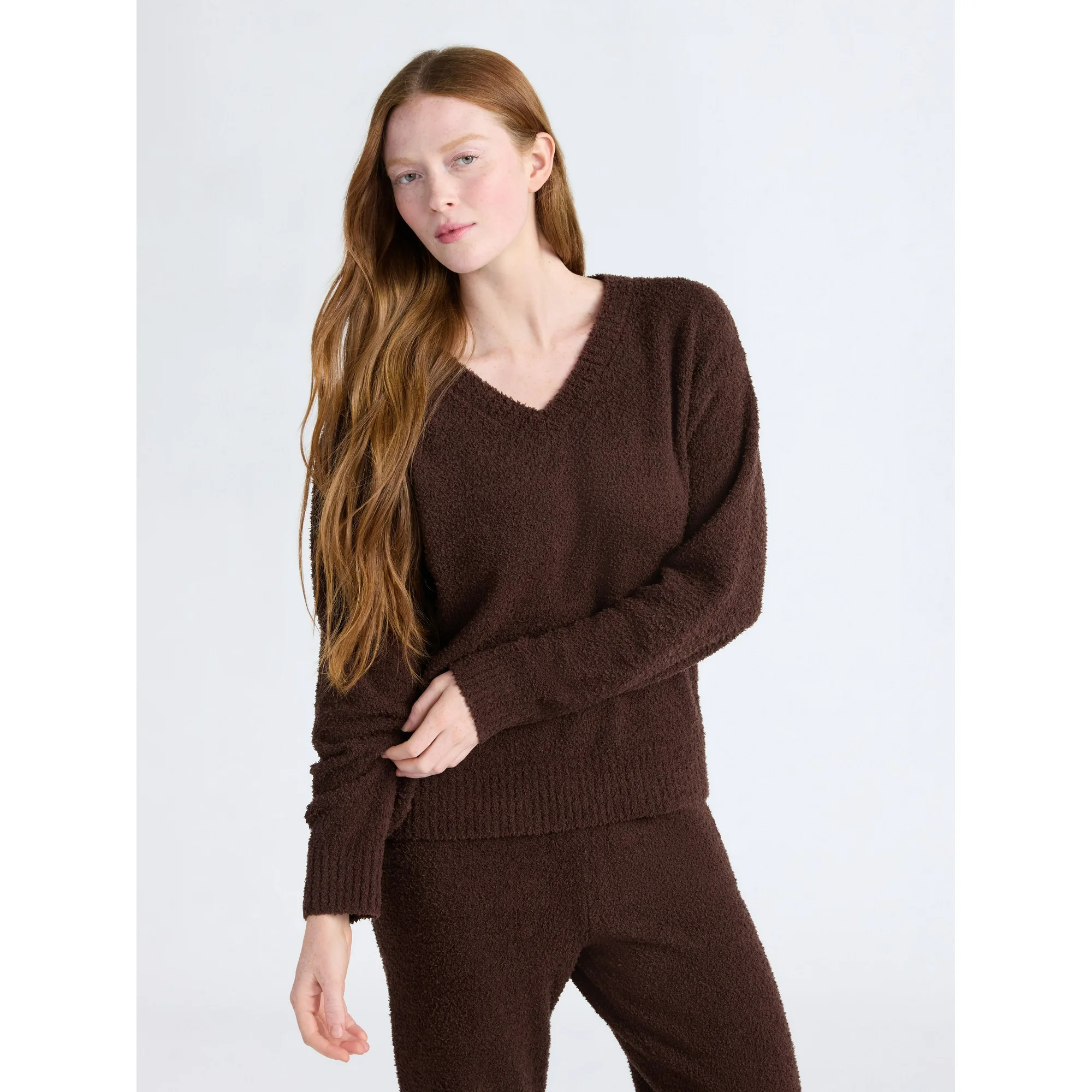Joyspun Women's Sleepwear Cozy Knit V-Neck Pullover Top, Sizes XS-3X | Walmart (US)