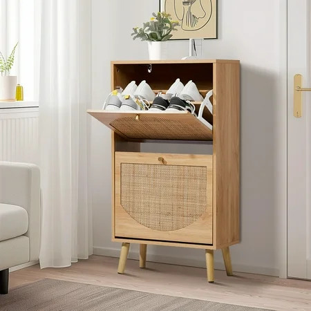 Ktaxon Shoe Storage Cabinet with 2 Flip Drawers, Natural Rattan Entryway Shoe Organizer Rack Wooden for Entryway Hallway, Bedroom, Living Room, Apartment | Walmart (US)