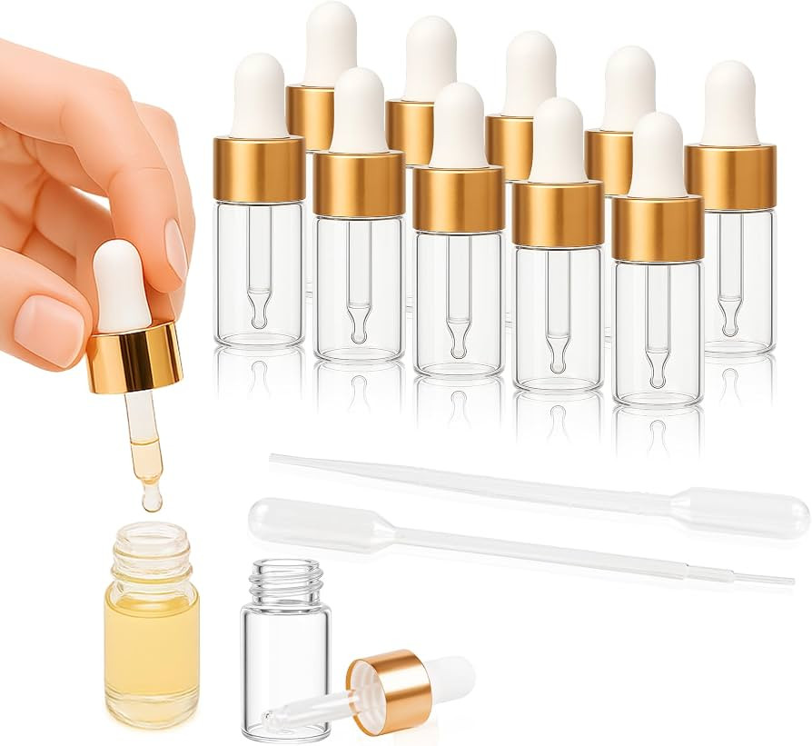10pcs Mini Glass Dropper Bottle for Essential Oil,1ml Small Clear Sample Dropper Vails with Gold ... | Amazon (US)