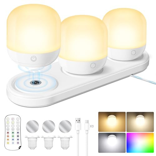 Rechargeable Battery Operated Light Bulb Set with Magnetic 3 in 1 Charging Station & Remote Control, Wireless Dimmable Detachable LED Bulb with 15 Colors Selectable for Wall Sconce, Non-Hardwired | Amazon (US)