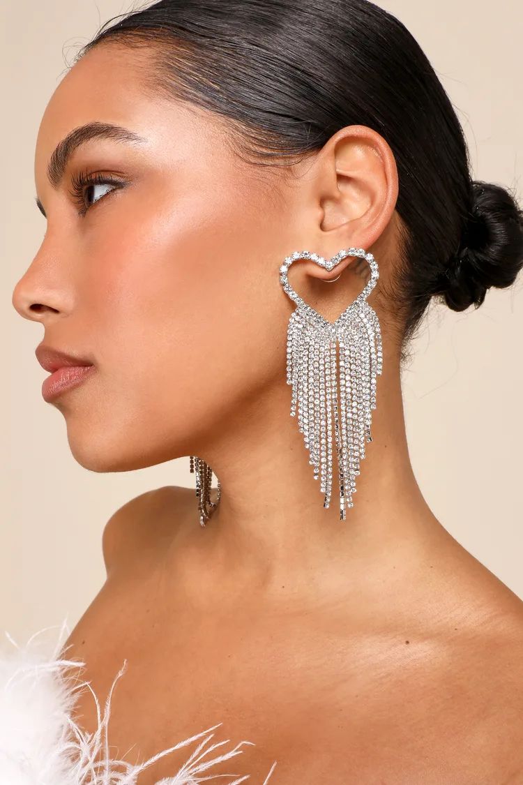 Lovely Sparkle Silver Heart Rhinestone Fringe Earrings | Lulus