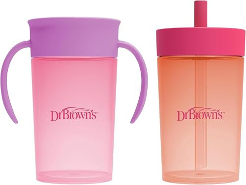 Dr. Brown's Milestones Straw to 360 Convertible Toddler Training Cup Set with Interchangeable Silicone Straw and 360 Degree Cup Lids, Pink Coral, 10 oz/300 mL, BPA-Free, 9m+, 2-Pack | Amazon (US)