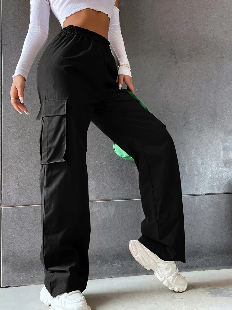 Tropiluxe Solid High Waist Flap Pocket Cargo Pants | SHEIN