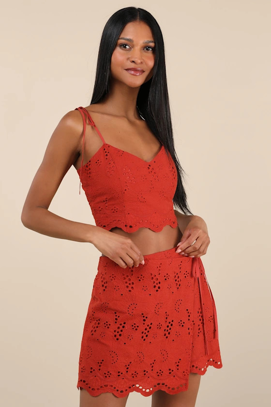 Kamilla Rust Red Eyelet Embroidered Mini Wrap Skirt | Lulus