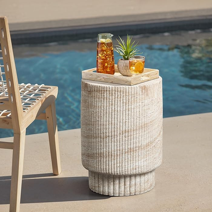 LuxenHome Outdoor Accent Side Table, 18'' Travertine-Style Outdoor Furniture, Round with Ribbed C... | Amazon (US)