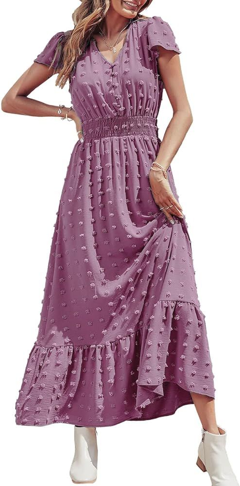 PRETTYGARDEN Women's Boho Dress Short Sleeve V Neck Swiss Dot Ruffle Tiered Maxi Dress Smocked Cockt | Amazon (US)