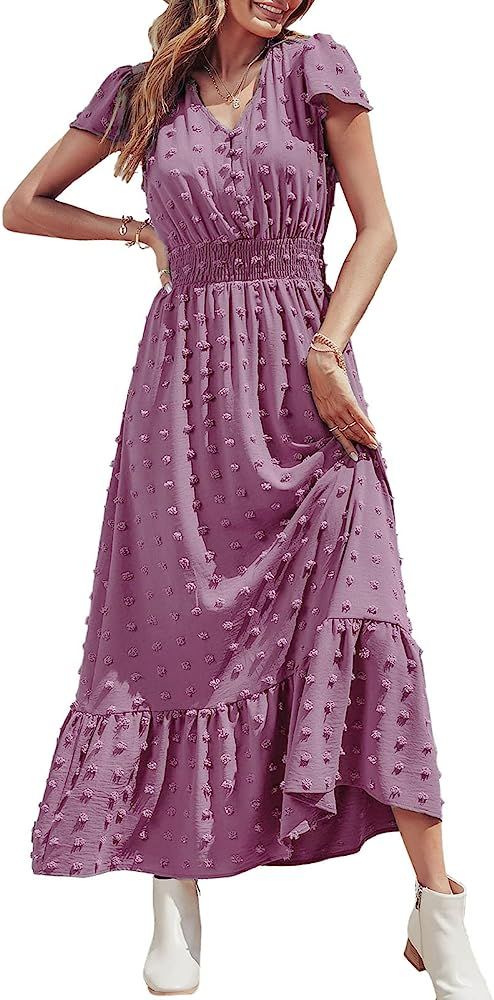 PRETTYGARDEN Women's Boho Dress Short Sleeve V Neck Swiss Dot Ruffle Tiered Maxi Dress Smocked Cockt | Amazon (US)