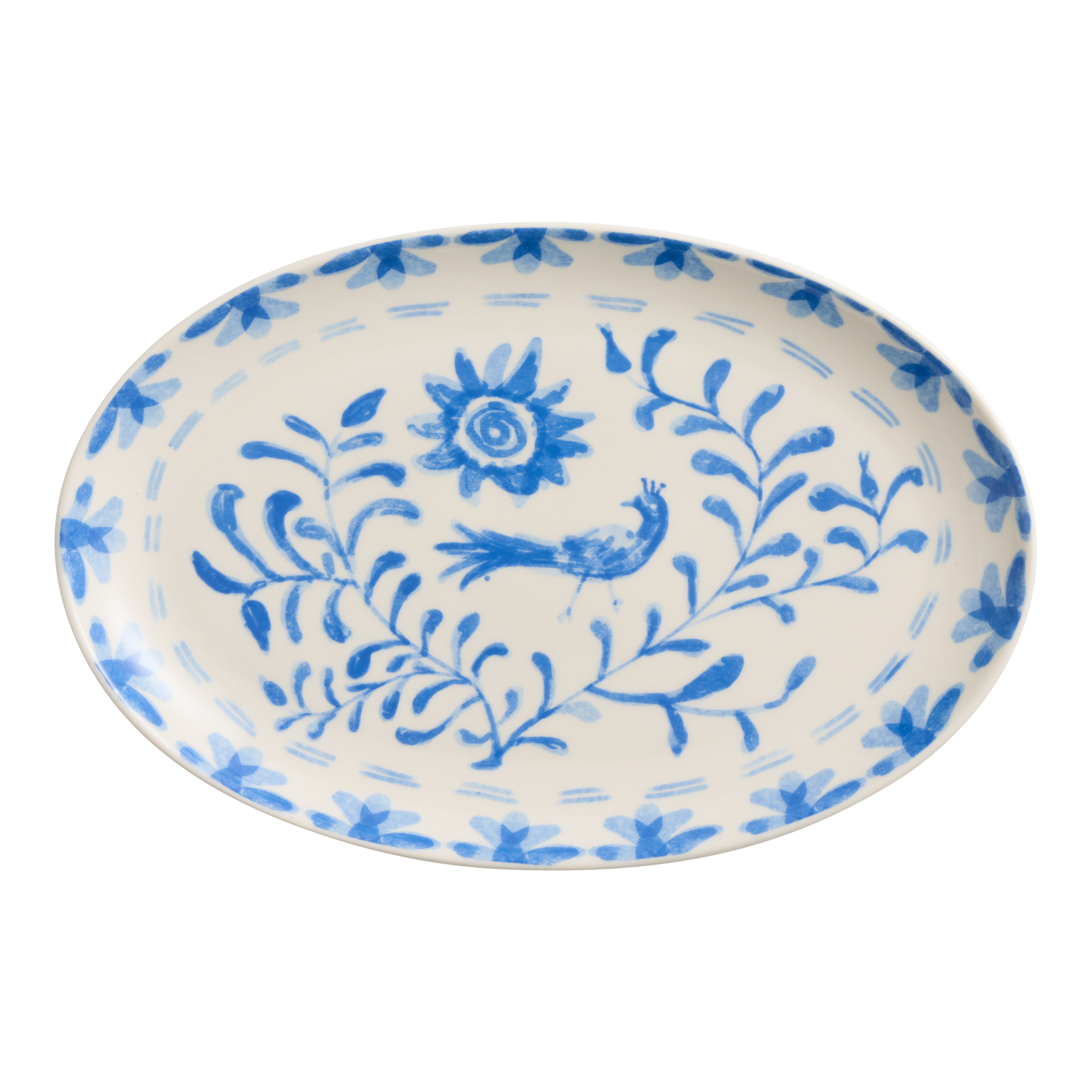 Oval Blue and White Floral Bird Serving Platter | World Market