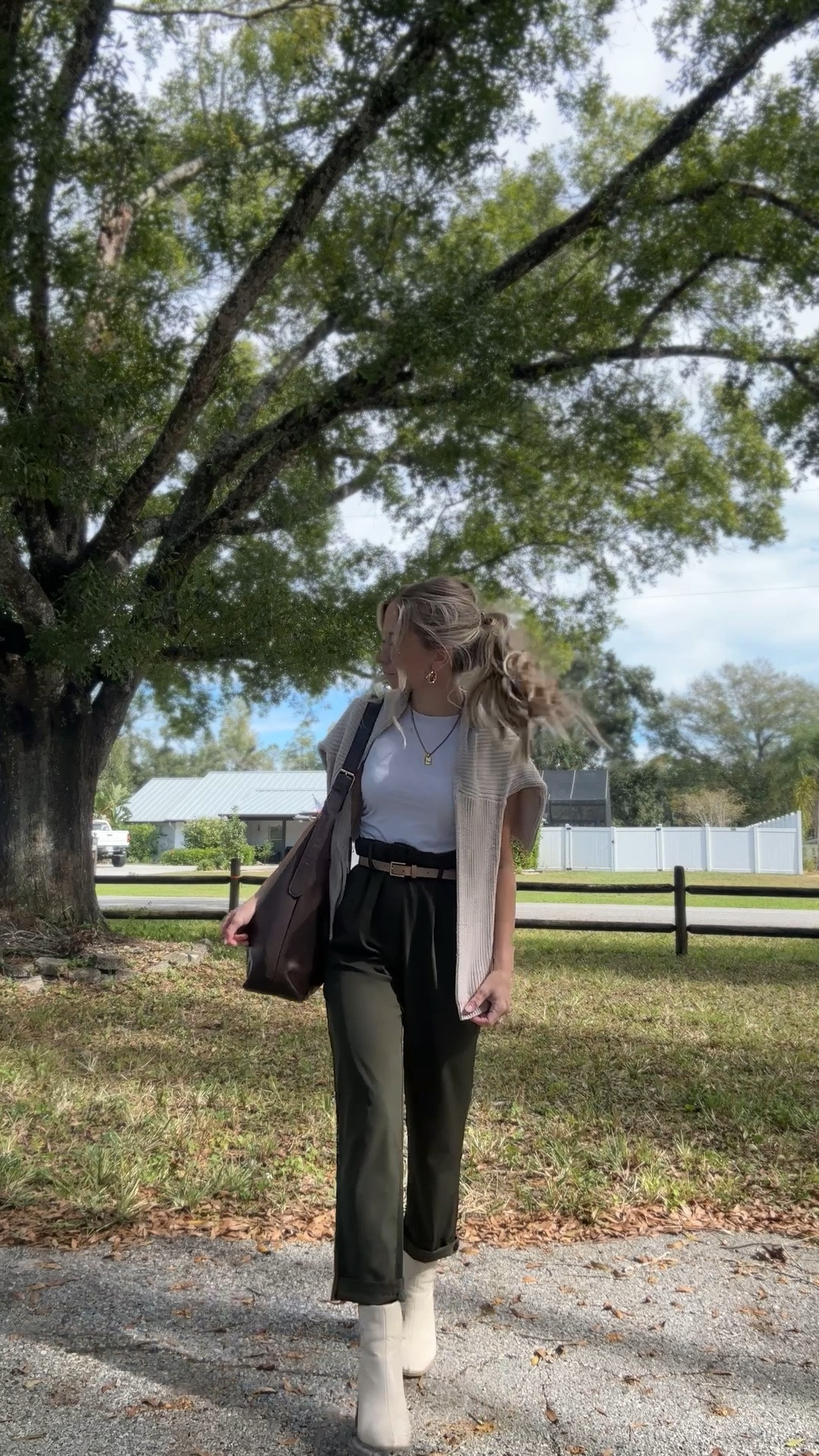 Easy neutral fall outfit layering idea with green pants, a white top, and sweater layer🍂🤎 

#LTKFindsUnder50 #LTKStyleTip #LTKSeasonal