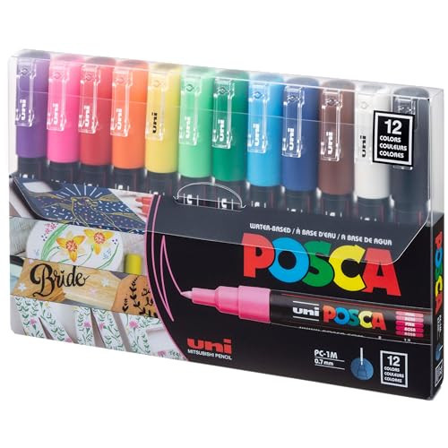 uni Posca Acrylic Paint Art Markers, Set of 12 Extra Fine Point Thin Paint Pens for Coloring Gifts, Fabric, Metal, Glass, Rocks, Wood and Canvas, Assorted Colors, PC1M12C | Amazon (US)
