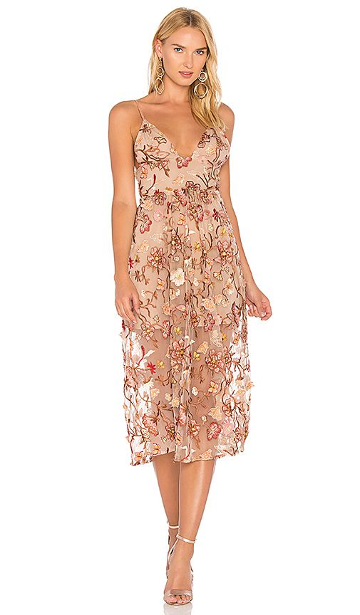 For Love & Lemons Botanic Midi Dress in Brown. - size L (also in S,XS) | Revolve Clothing