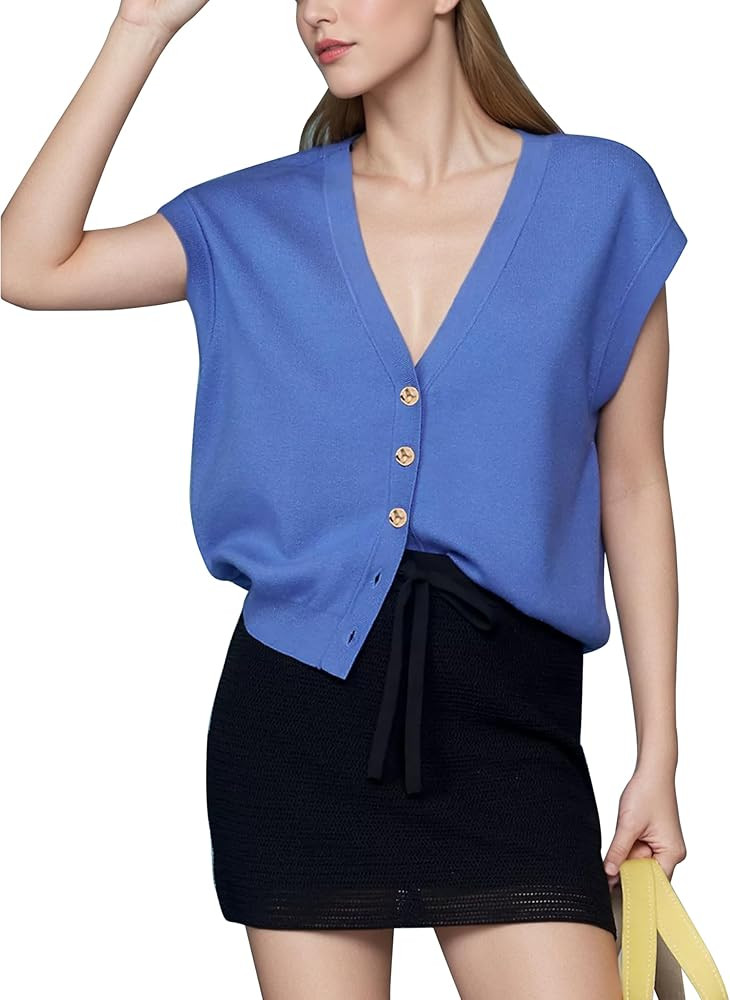 HangNiFang Womens Cardigan Sweater Vest Oversized V Neck Cropped Cap Sleeve Button Knitted Tops | Amazon (US)