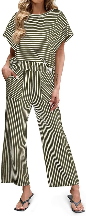 Tankaneo Womens Striped 2 Piece Sets Short Sleeve T Shirts Wide Leg Pants Matching Lounge Set wit... | Amazon (US)