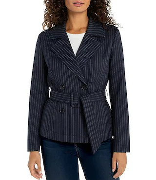 Liverpool Los Angeles Jacquard Knit Pinstripe Notch Collar Long Sleeve Belted Cropped Trench Jack... | Dillard's